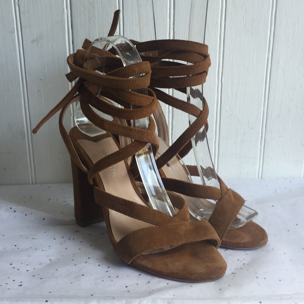 Tony Bianco Tan Suede Criss Cross Lace up Leg Sandals Tie - Size 6.5 Block Heel